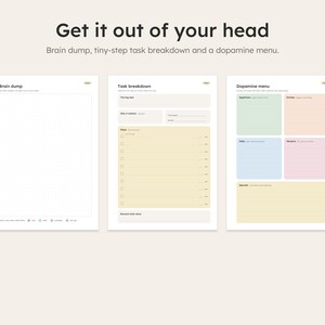 Brain dump, task breakdown and dopamine menu printable pages