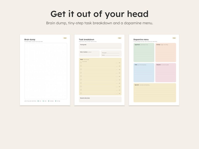Brain dump, task breakdown and dopamine menu printable pages