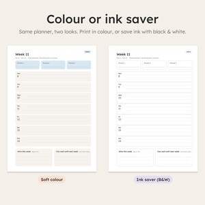 Colour and black and white ink saver versions of the weekly page