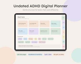 Undated ADHD Digital Planner for GoodNotes & Notability | Hyperlinked iPad Planner with Low Energy Days, Brain Dump and Dopamine Menu