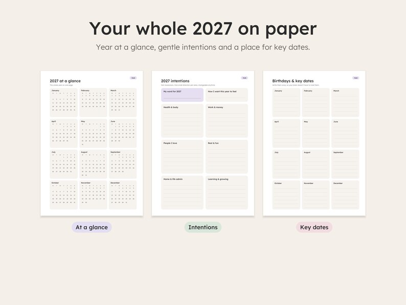 2027 year at a glance, intentions and key dates printable pages
