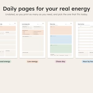 Good-energy, low-energy, chaos and hour-by-hour daily planner pages