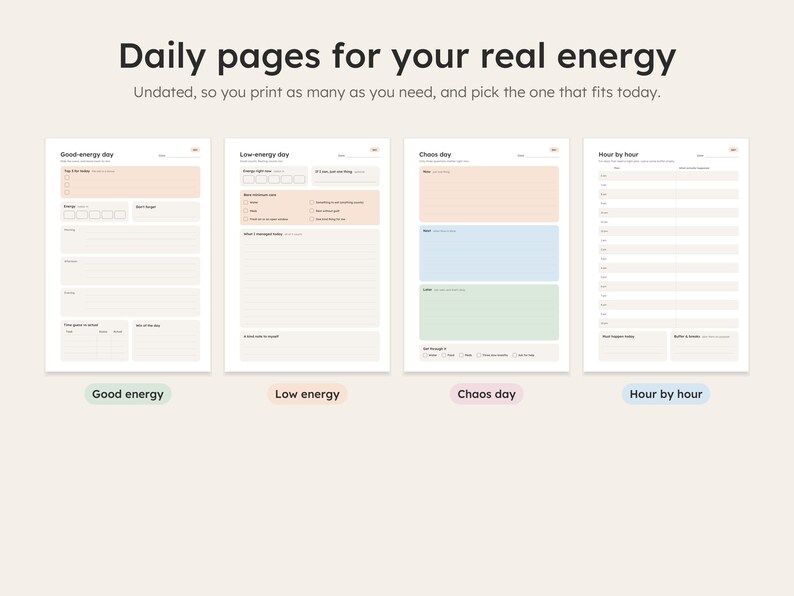 Good-energy, low-energy, chaos and hour-by-hour daily planner pages