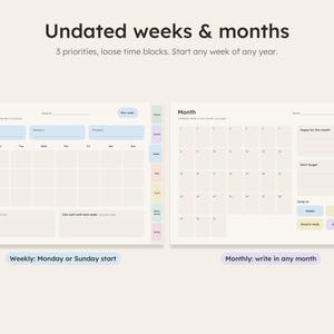 Undated weekly and monthly planner pages