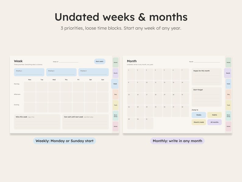 Undated weekly and monthly planner pages