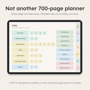 Tools page with clickable tabs, every page two taps away, PDF for note-taking apps