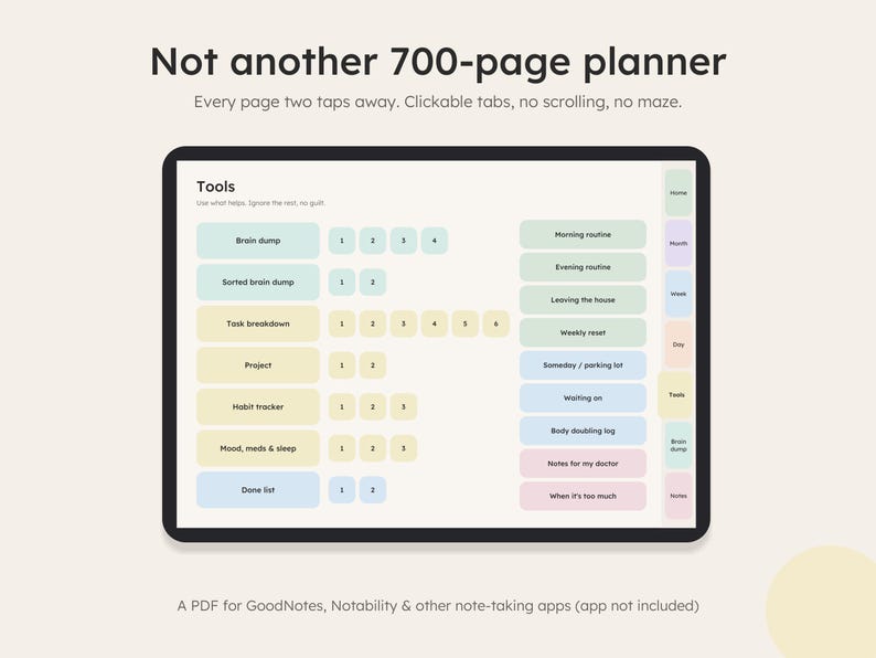 Tools page with clickable tabs, every page two taps away, PDF for note-taking apps