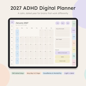 2027 ADHD digital planner shown on an iPad, dated January calendar
