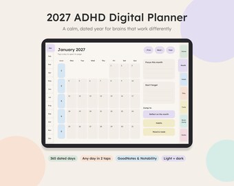 2027 ADHD Digital Planner for GoodNotes & Notability | Dated Hyperlinked iPad Planner with Daily, Weekly and Monthly Pages, Brain Dump