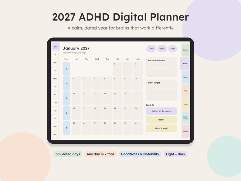2027 ADHD digital planner shown on an iPad, dated January calendar