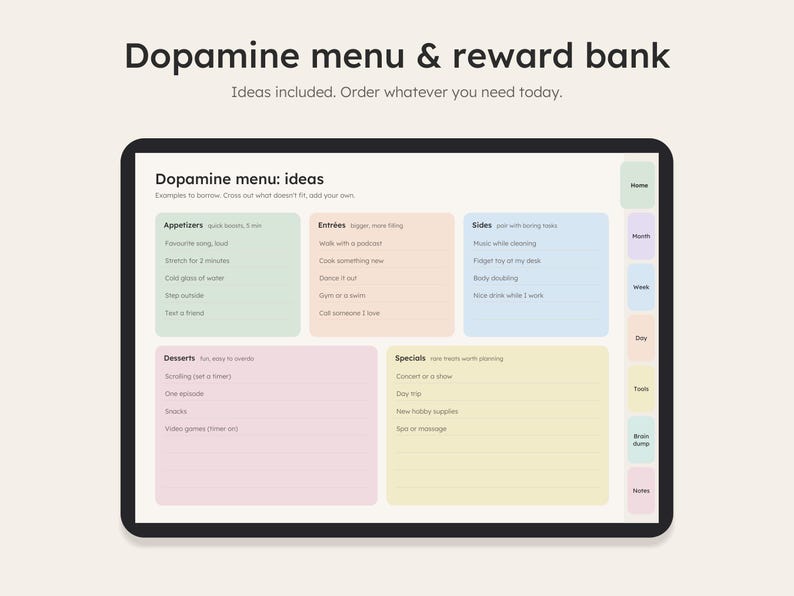 Dopamine menu page with ideas