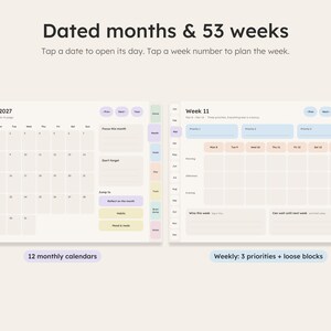 Dated monthly calendar and weekly planner pages