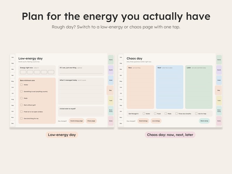Low-energy day and chaos day planner pages