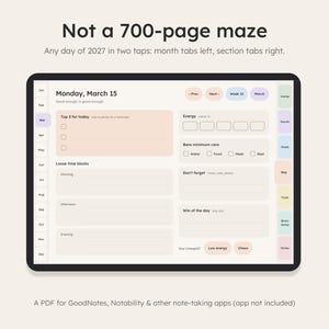 Dated daily page with month tabs and section tabs, any day two taps away, PDF for note-taking apps