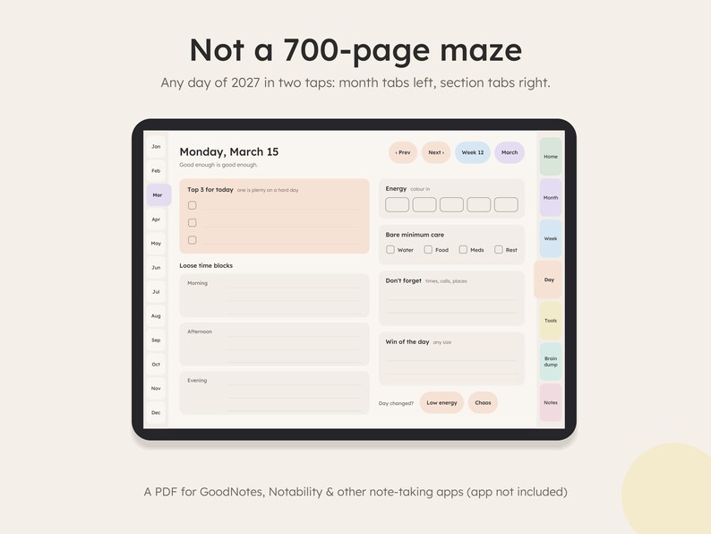 Dated daily page with month tabs and section tabs, any day two taps away, PDF for note-taking apps