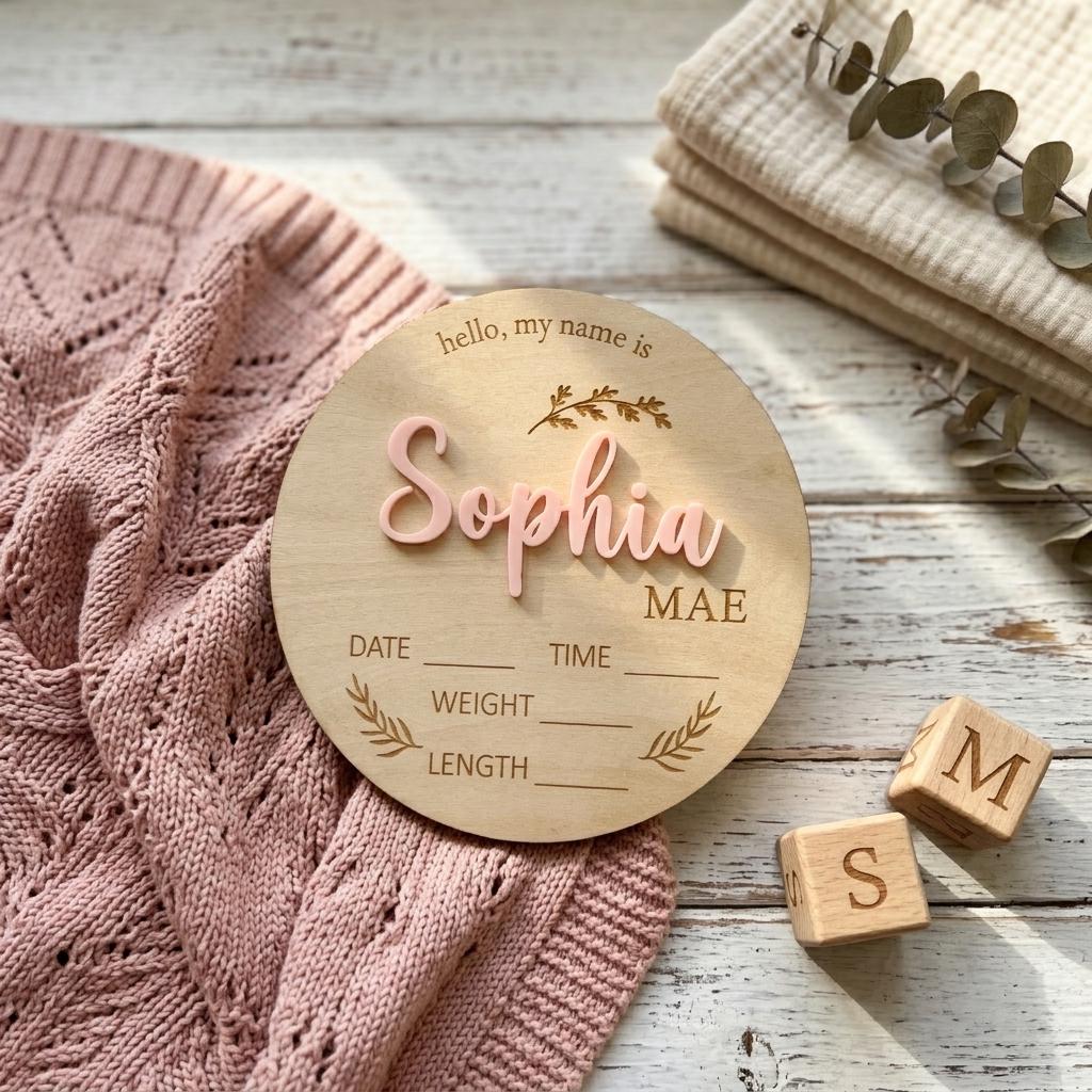 Personalized Wooden Baby Name Sign, Custom Birth Announcement Plaque ...