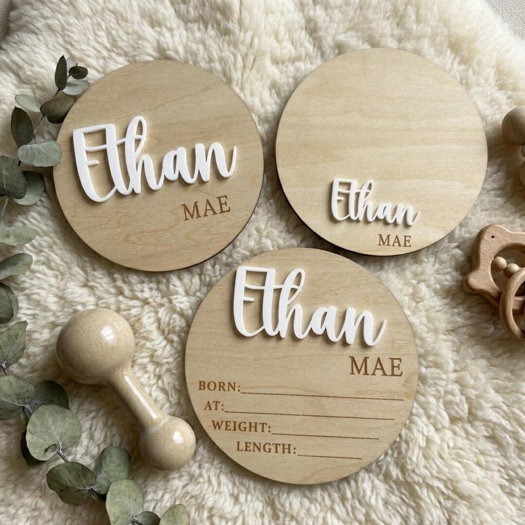Custom Wooden Baby Name Sign, Birth Announcement Disc, Nursery Decor ...