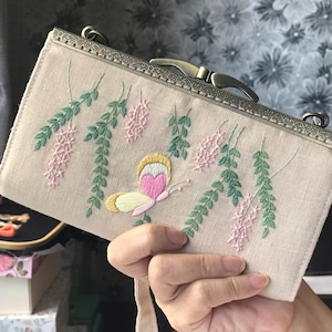 Embroidered wallet,hand embroidered wallet,embroidered wallet with strap,butterfly embroidered wallet,embroidered clutch,gift for her