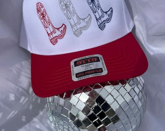 Red White Blue Cowboy Boots Hat, USA Trucker Cap