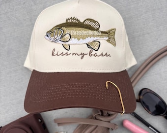Kiss My Bass bestickter Trucker | Angeln Trucker Hat Lustige Angeln Caps | Sommer See & Fluss Hut