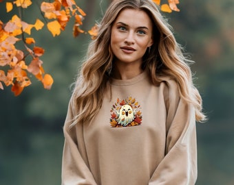Sweat-shirt Halloween Cute Ghost Autumn Leaves, Sweat-shirt Halloween Ghost, Sweat-shirt d’Halloween, Sweat-shirt d’automne, Cadeau d’automne pour les femmes