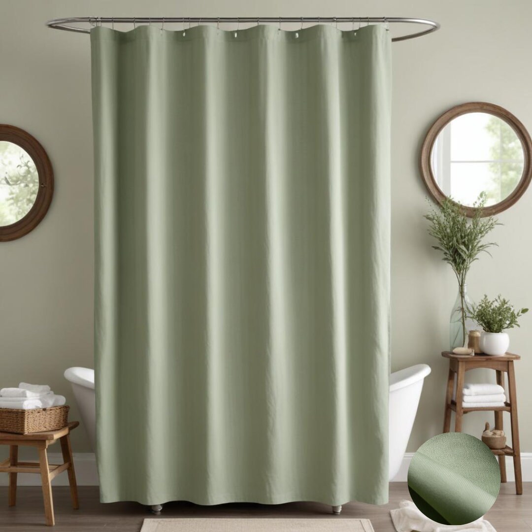 Sage Green Shower Curtain Waffle Textured Heavy Duty Thick Fabric