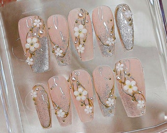 Light Pink Acrylic Press On Nails with Silver Cherry Blossom Design - Elegant Nail Art | Unique Acrylic Press On Nails | Fake Nails | HD338T