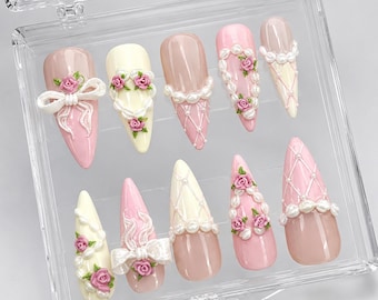 Romantic Pink Press On Nails | 3D Blush Vintage Nail Set | Long French Ribbon Nails | Romantic Pink Press On Nails | HB828HC