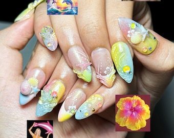 Ocean Candy Dream Press On Nails | Pastelkleurige strandnagels | 3D schelp- en zeesternagels | Zomervakantienagels | Schattige zeemeerminnagel | HC1332NC