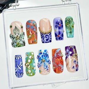 Colorful Glass Flower Press On Nails | Glass-Inspired Nail Art | Resin Floral Design Press Ons | Luxury Artistic Fake nails | HB958YC
