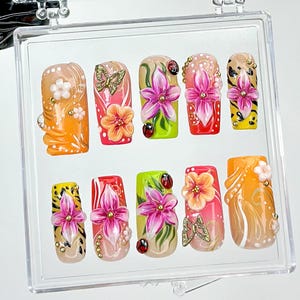 Tropical Bloom Press On Nails | Bright Summer Nail Art | Tropical Vibes Press Ons | Handmade Summer Fake nails | Luxury Nails | HB960YC