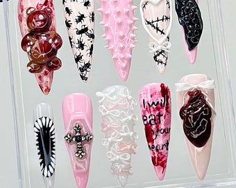 3D Bloody Bear Press On Nails | Pink Gothic Y2K Nail Art HB937YC