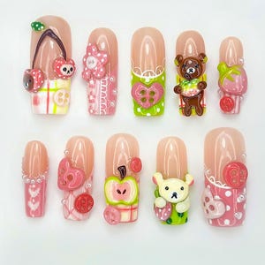 3D Kawaii Fruit Press On Nails | Gummy Bear Apple Cherry Charms | Pink Green Y2K Nails | Cute Handmade Nail Set | HB1012EC