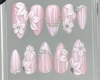 Eleganta rosa press-on naglar för bröllop | Blushrosa brudnagelkonst | | Romantiska 3D-blomnaglar | Lyxigt handgjort nagelset | HB1236EC