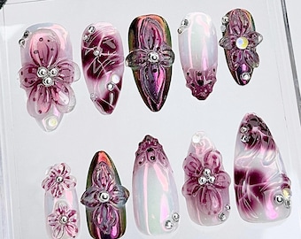 Burgundy 3D Flower Press On Nails | Glossy Pink Gradient, Rhinestones | HC828YK
