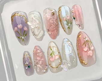 Dreamy Press On Nails Almond | Jelly Pastel Tulip Nail Art | 3D FairyCore Flower Press Ons | Romantic Nail Art in Fake Nails | HB347YC