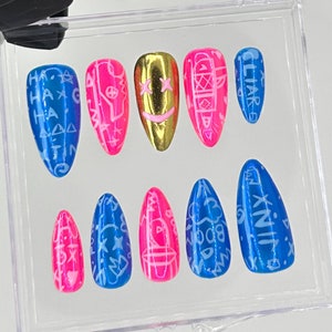 Colorful Jinx-Inspired Fake Nails | Bold Neon and Metallic Gold Nail Art | Unique Jinx-Inspired Neon Almond  Nails |Gaming-Inspired |HC744YK