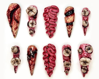 May include: Ten grotesque nail art designs are arranged overhead. The handmade designs feature teeth, brains, and elongated, bloody forms. The colour palette is mainly red, brown, and white, creating a disturbing aesthetic. Each design is unique.