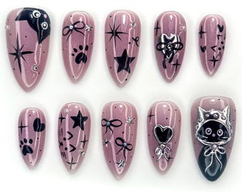 Gothic Kitty Press On Nails | Mauve Pink, 3D Silver Bows | HB1178BC