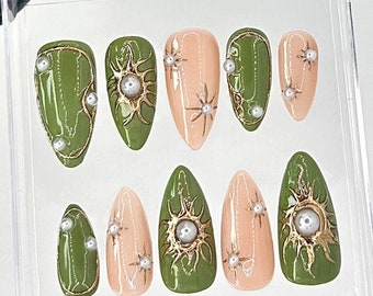 Green Gold Sunburst Press On Nails | Pearl Accent Nail Art | HC740YC
