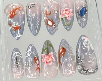 Koi Fish Press-On Nails | Floral Almond Nail Art | HB714YC