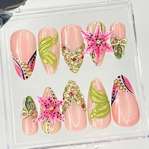 Tropical Lily Short Press On Nails | Botanical-Inspired Fake Nails | Garden-Themed 3D Nail Art | 3D Floral Pink and Green Press Ons |HB732YC
