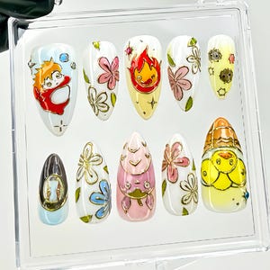 Cute Anime Press On Nails | Ghibli Characters & Floral Fake Nails | Kawaii Anime Nail Art | Ponyo Totoro Calcifer Press Ons | HB1021YC