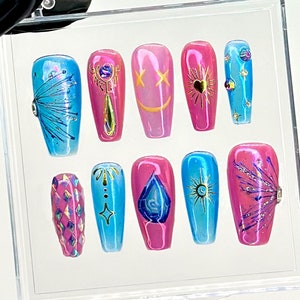 League of Legends Jinx Fake Nails | LoL Jinx Nail Art | Jinx-Themed Press Ons | Inspired by League of Legends Nails | Bold, Chaotic |HB711YC