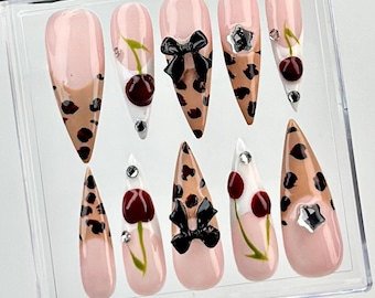 Red Cherries Press On Nails | Leopard Print Elegance Nail Art | Skullcap Unique  Nail Charms | Acrylic Nails |  Gothic nails | HC127YC