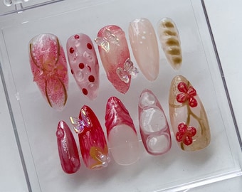 3D Dry Orchard Flower Long Almond Press On Nail | Custom Handpainted Acrylic Spring Fake,False Nail | Floral Nails | HD358N