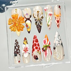 Colorful Summer Press On Nails | Wild Nature Design Fake Nails | Jungle Vibes Nail Art | 3D Floral Jungle Nails | Artistic Nails | HB914YC