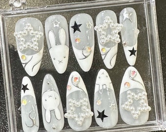 White Miffy Press On Nails | Cute Nail Set | Whimsical 3D Star Gel On Fake Nails with Star Charm | Acrylic Nails | Y2K Nails | HB298T