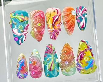 3D Swirl Press On Nails | Psychedelic Floral Nail Art HB796YC