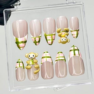 Kawaii Monkey Press On Nails | 3D Animal Fake Nails | Plaid & Monkey Nail Art | Pastel French Tips Press Ons | Kawaii Nails | HB908YC